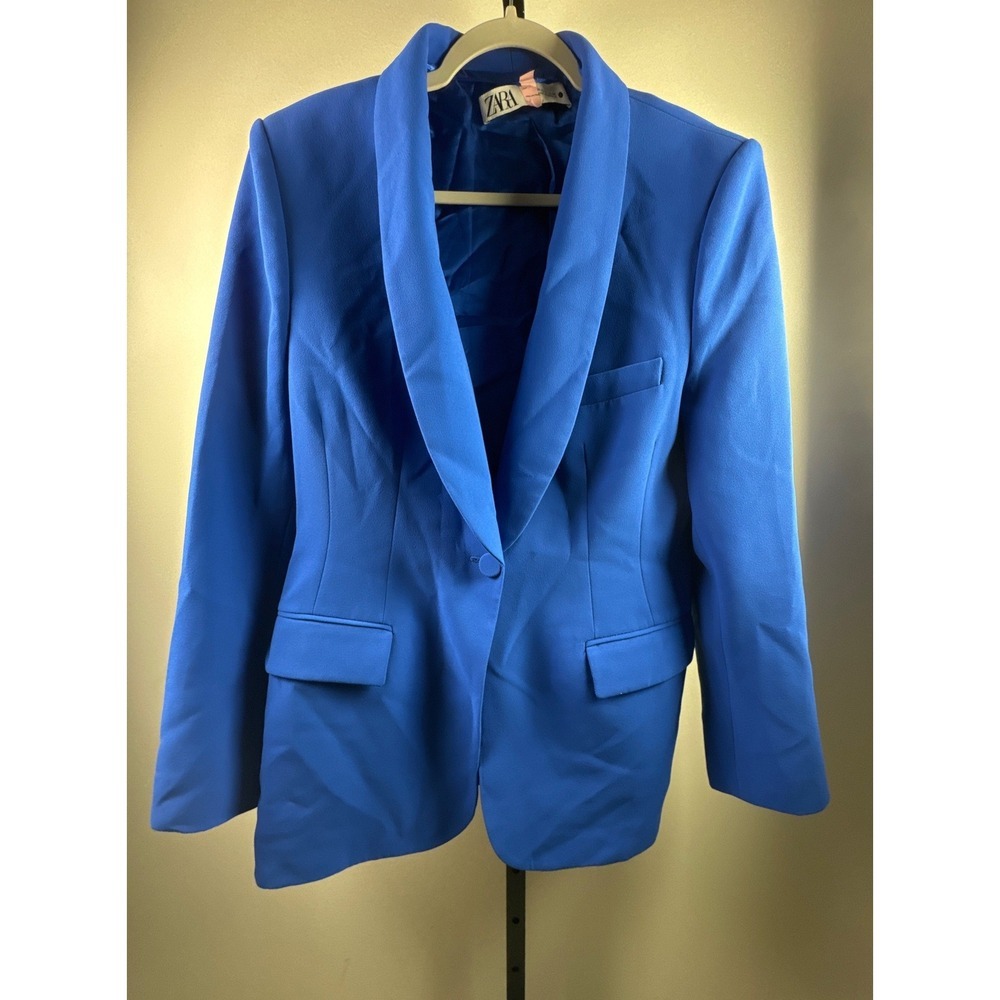 Zara Shawl Collar Blazer Women XL Blue Excellent Structured Single Button Jacket